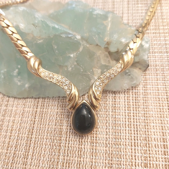 Vintage choker gold black stone necklace rhinestones 15" - Picture 1 of 9